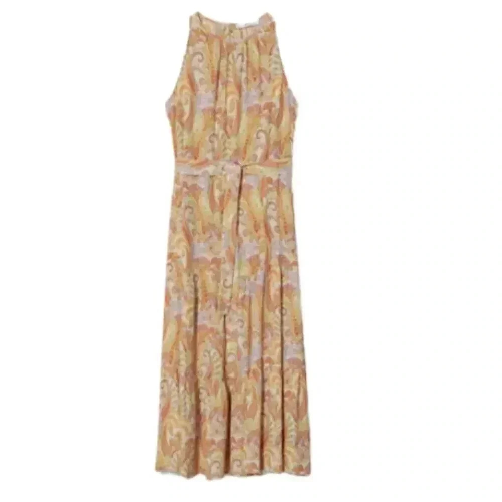 Mango Flowy Paisley Sleeveless Belt Tie Long Dress 16 NWT